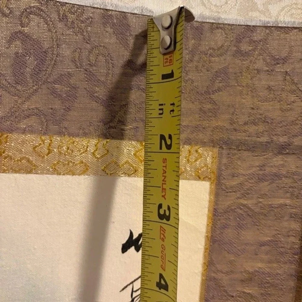 Japanese Scroll Wall Hanging Beige Crane Moon Silk Kakejiku Art Decor